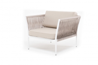«Касабланка» кресло плетеное из роупа, каркас алюминиевый белый, роуп бежевый, подушка бежевая